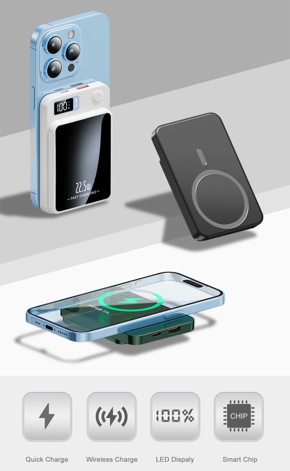 10000mAh Magnetic Magsafe Power Bank with 15W Wireless Fast Charging USB Type-C Portable Power Bank for iphone & Andorid