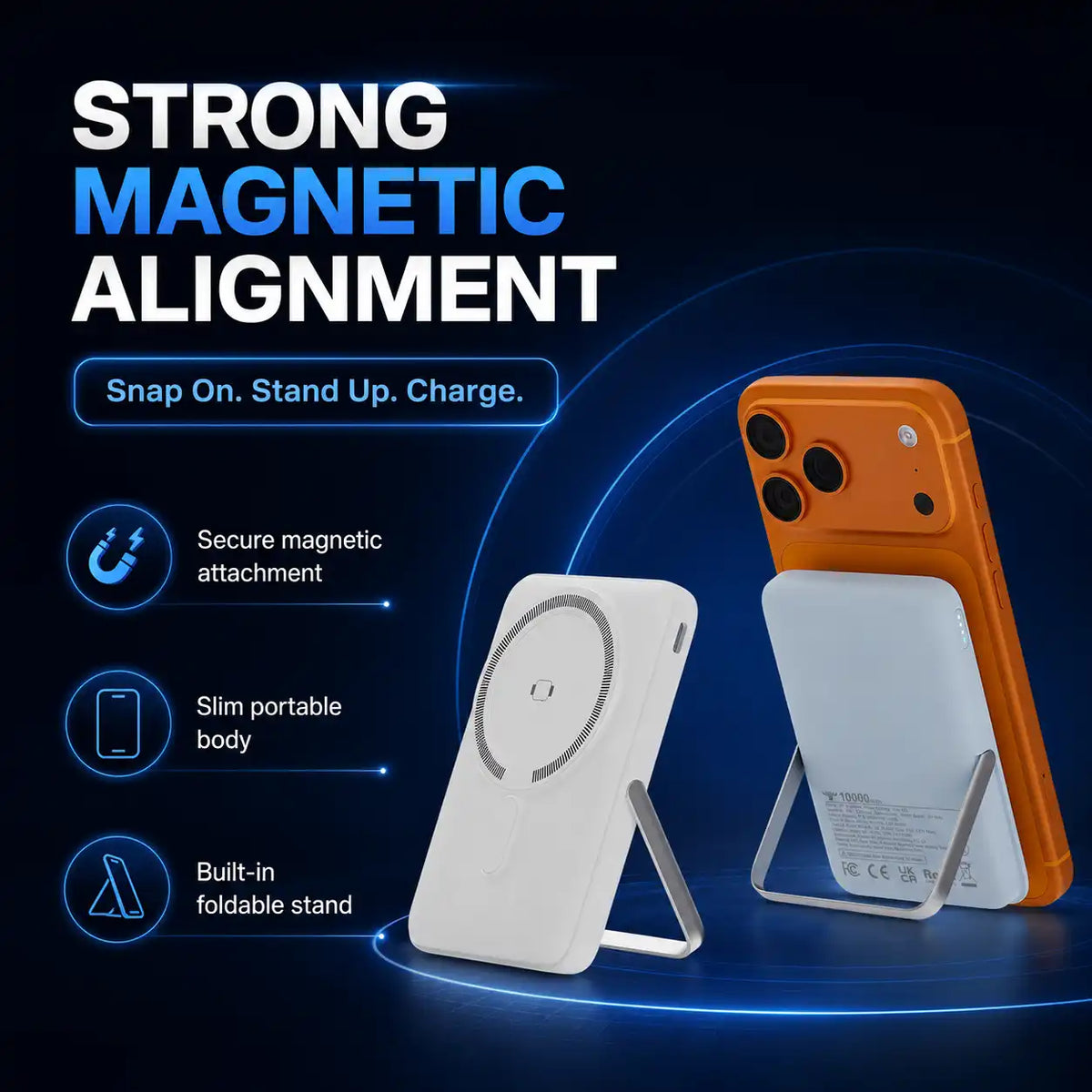 10000mAh 3-in-1 Wireless Portable Charger for iPhone, 15W Magnetic Wireless Charging, 20W USB-C PD Fast Charging, Built-in Foldable Stand, High Quality Power Bank Compatible with Apple Watch and AirPods