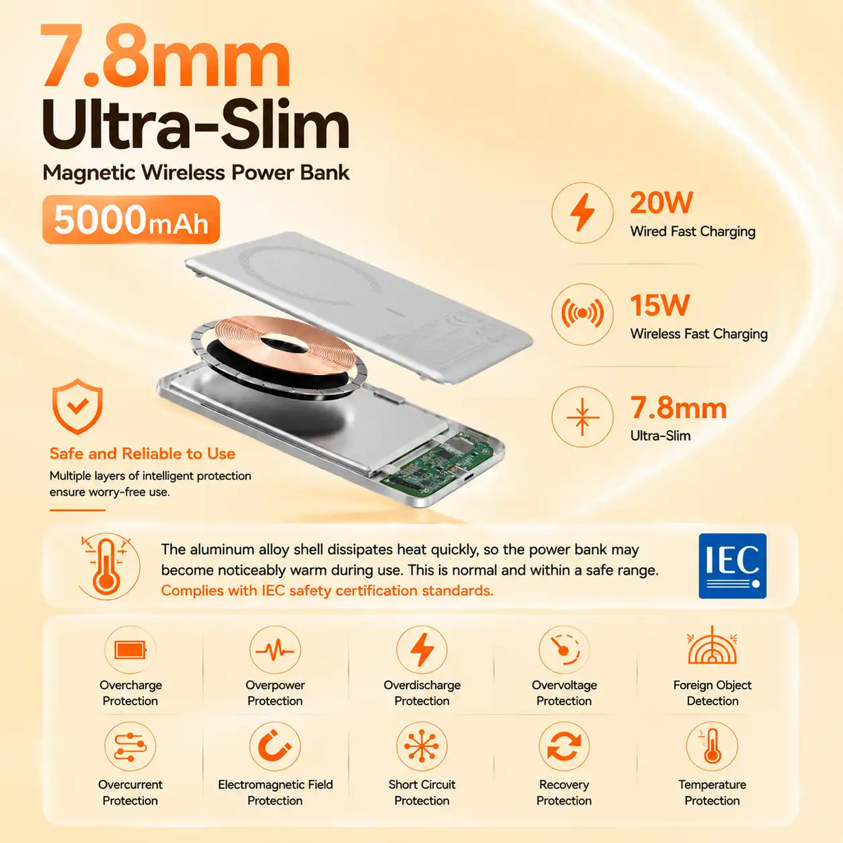 5000mAh ultra slim 7.8mm ultra thin power bank magnetic wireless portable charger 15W wireless charging and 20W USB-C wired fast charging Perfectly compatible with the iPhone series.