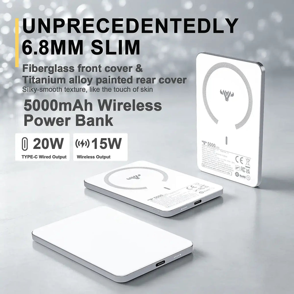 6.8mm Thinnest Power Bank 5000mAh, 15W Magnetic Wireless Charger with 20W USB-C Fast Charging