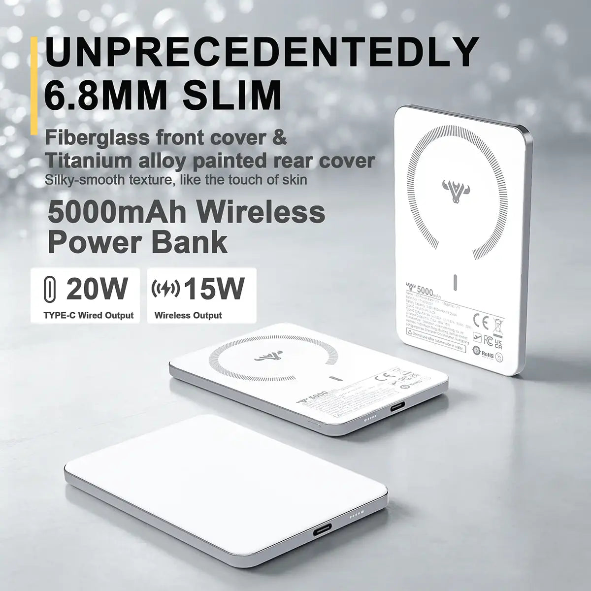 6.8mm Thinnest Power Bank 5000mAh, 15W Magnetic Wireless Charger with 20W USB-C Fast Charging
