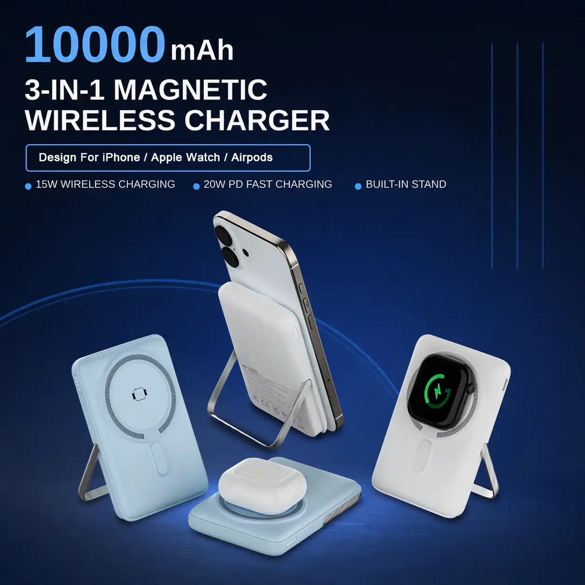 10000mAh 3-in-1 Wireless Portable Charger for iPhone, 15W Magnetic Wireless Charging, 20W USB-C PD Fast Charging, Built-in Foldable Stand, High Quality Power Bank Compatible with Apple Watch and AirPods