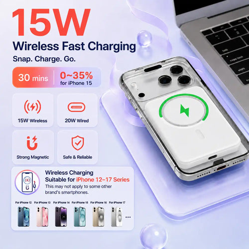 5000mAh Wireless Battery Charger, 3-in-1 Magnetic Portable Power Bank with 15W Wireless Charging and 20W USB-C Fast Charging for Phone, Apple Watch and Earbuds