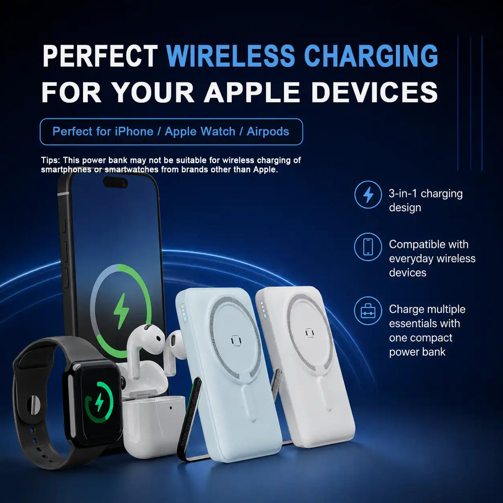 10000mAh 3-in-1 Wireless Portable Charger for iPhone, 15W Magnetic Wireless Charging, 20W USB-C PD Fast Charging, Built-in Foldable Stand, High Quality Power Bank Compatible with Apple Watch and AirPods