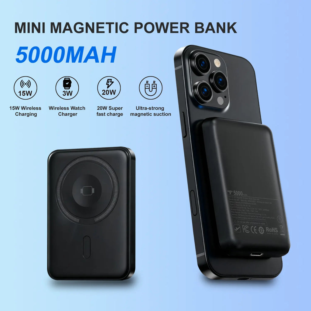 High-Quality 5000mAh Mini Magnetic Wireless Charging Power Bank Supports iPhone iWatch and AirPods Wireless Charging