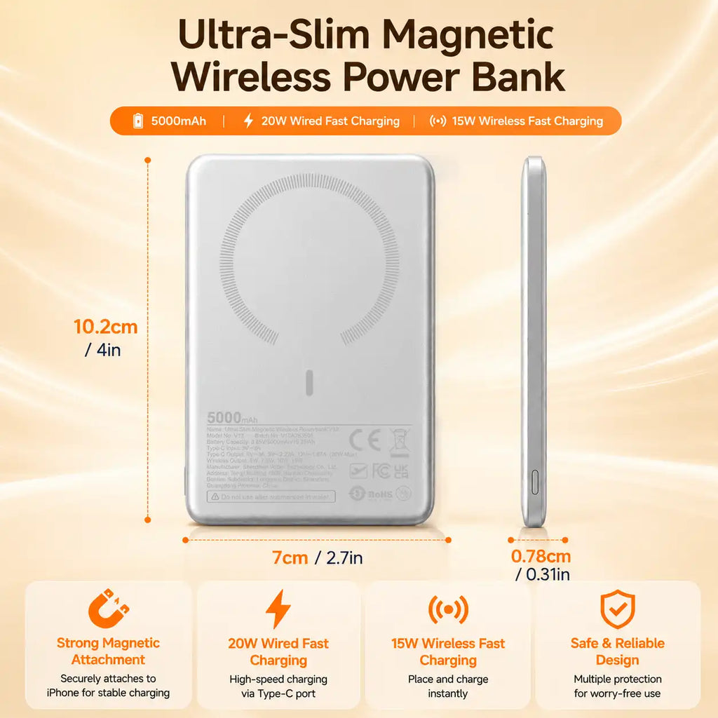 5000mAh ultra slim 7.8mm ultra thin power bank magnetic wireless portable charger 15W wireless charging and 20W USB-C wired fast charging Perfectly compatible with the iPhone series.
