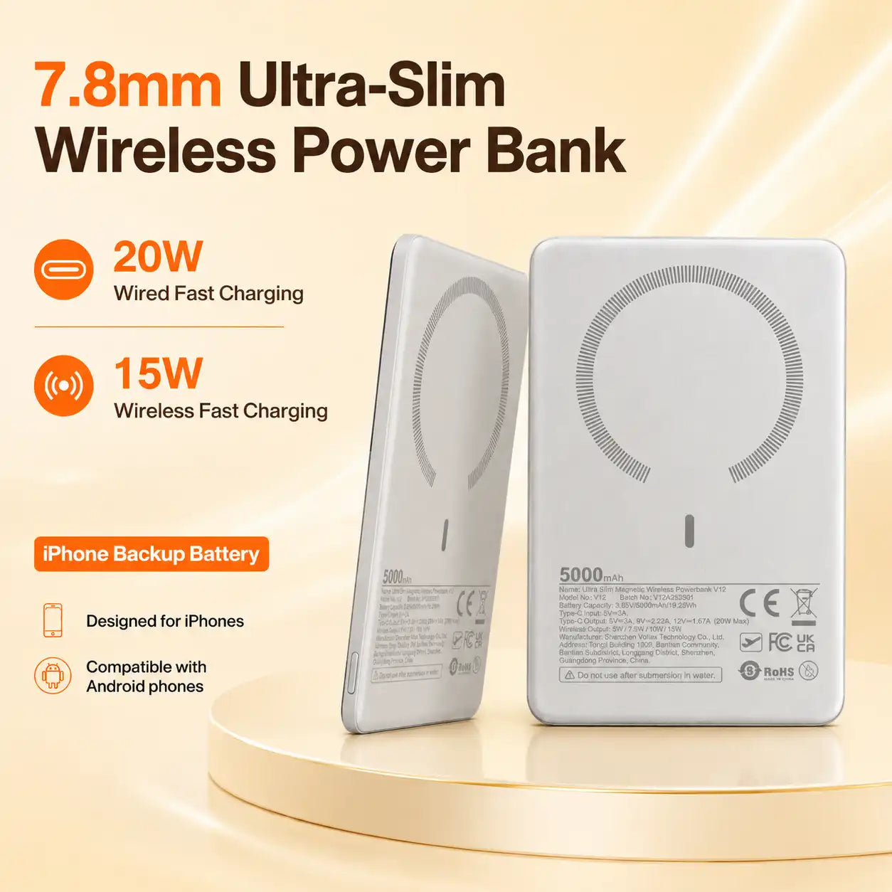 Batería externa ultrafina de 5000 mAh y 7,8 mm, cargador portátil inalámbrico magnético con carga inalámbrica de 15 W y carga rápida por cable USB-C de 20 W. Perfectamente compatible con la serie iPhone.