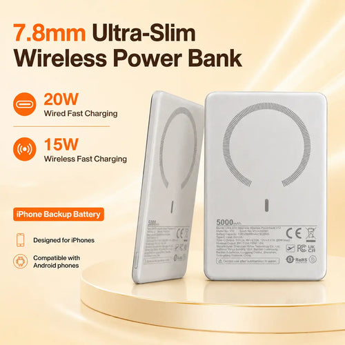 5000mAh ultra slim 7.8mm ultra thin power bank magnetic wireless portable charger 15W wireless charging and 20W USB-C wired fast charging Perfectly compatible with the iPhone series.