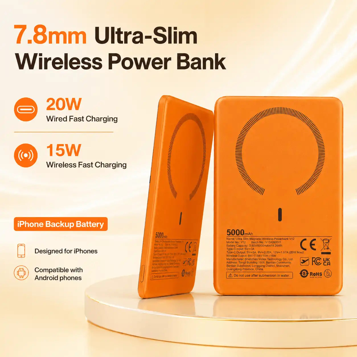 5000mAh ultra slim 7.8mm ultra thin power bank magnetic wireless portable charger 15W wireless charging and 20W USB-C wired fast charging Perfectly compatible with the iPhone series.