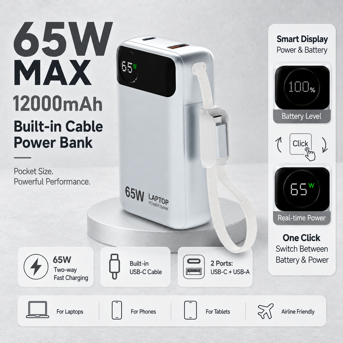 65W Laptop Power Bank 12,000mAh with built-in USB-C cable