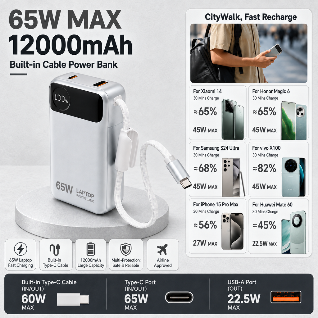 65W Laptop-Powerbank 12.000 mAh mit integriertem USB-C-Kabel