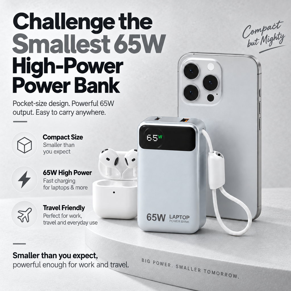 65W Laptop-Powerbank 12.000 mAh mit integriertem USB-C-Kabel