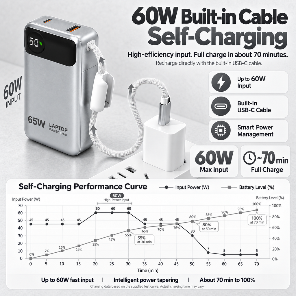 65W Laptop-Powerbank 12.000 mAh mit integriertem USB-C-Kabel