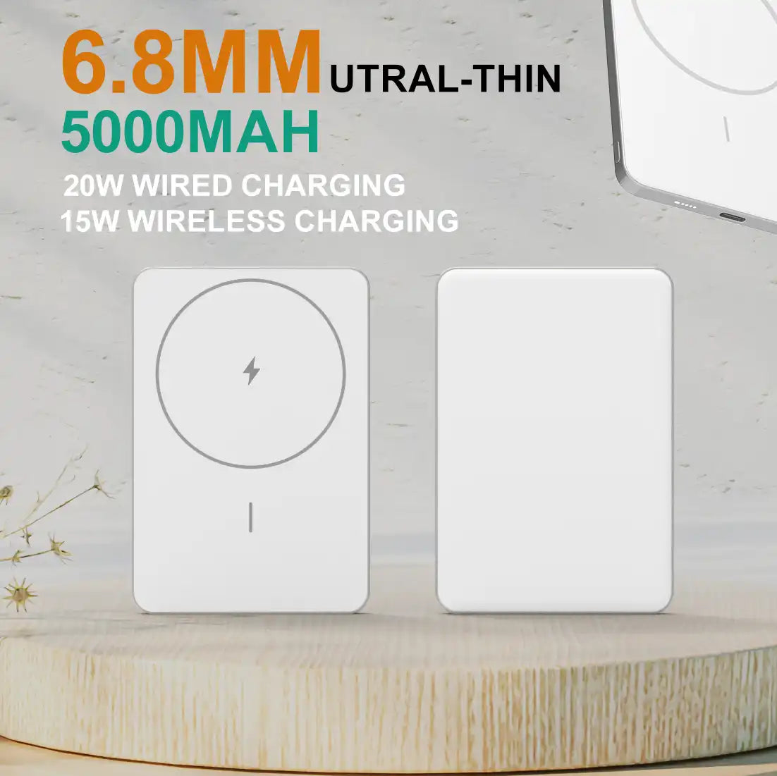 6.8mm Thinnest Potable Magsafe Powerbank Ultra Thin Power Bank 5000mAh, Semi-Solid Battery Cell Safest Phone Charger Passes Nail Penetration Test Without Fire or Explosion